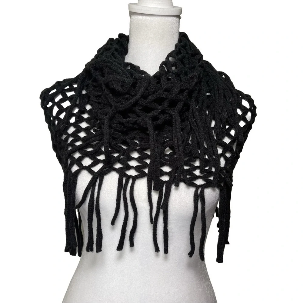 Two Lightweight Infinity Scarves Black White Diamond Pattern Tassels Acrylic